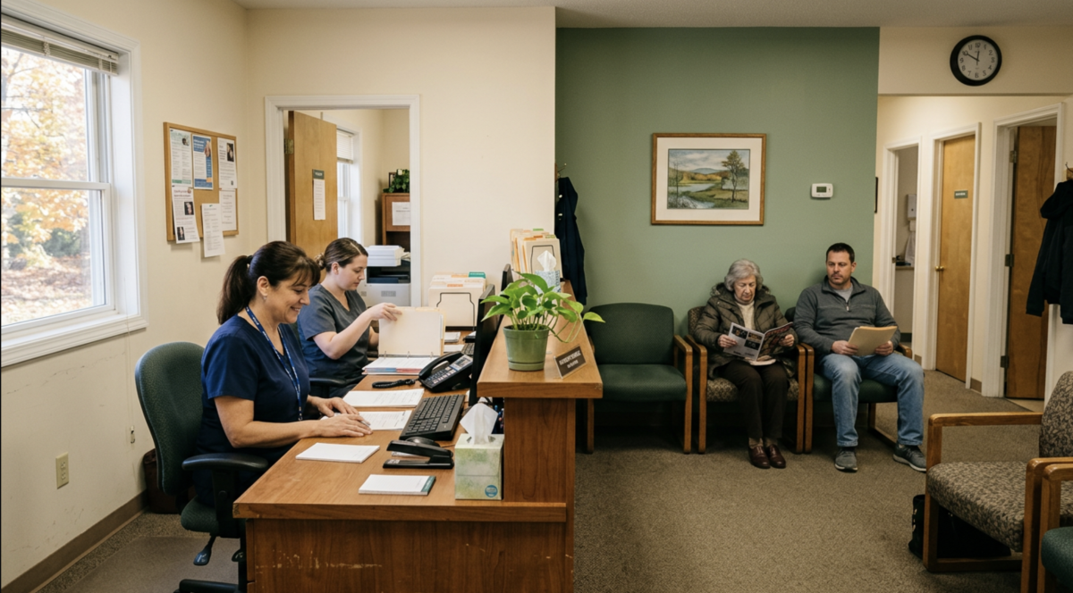 Friendly front desk team and patients in the waiting room